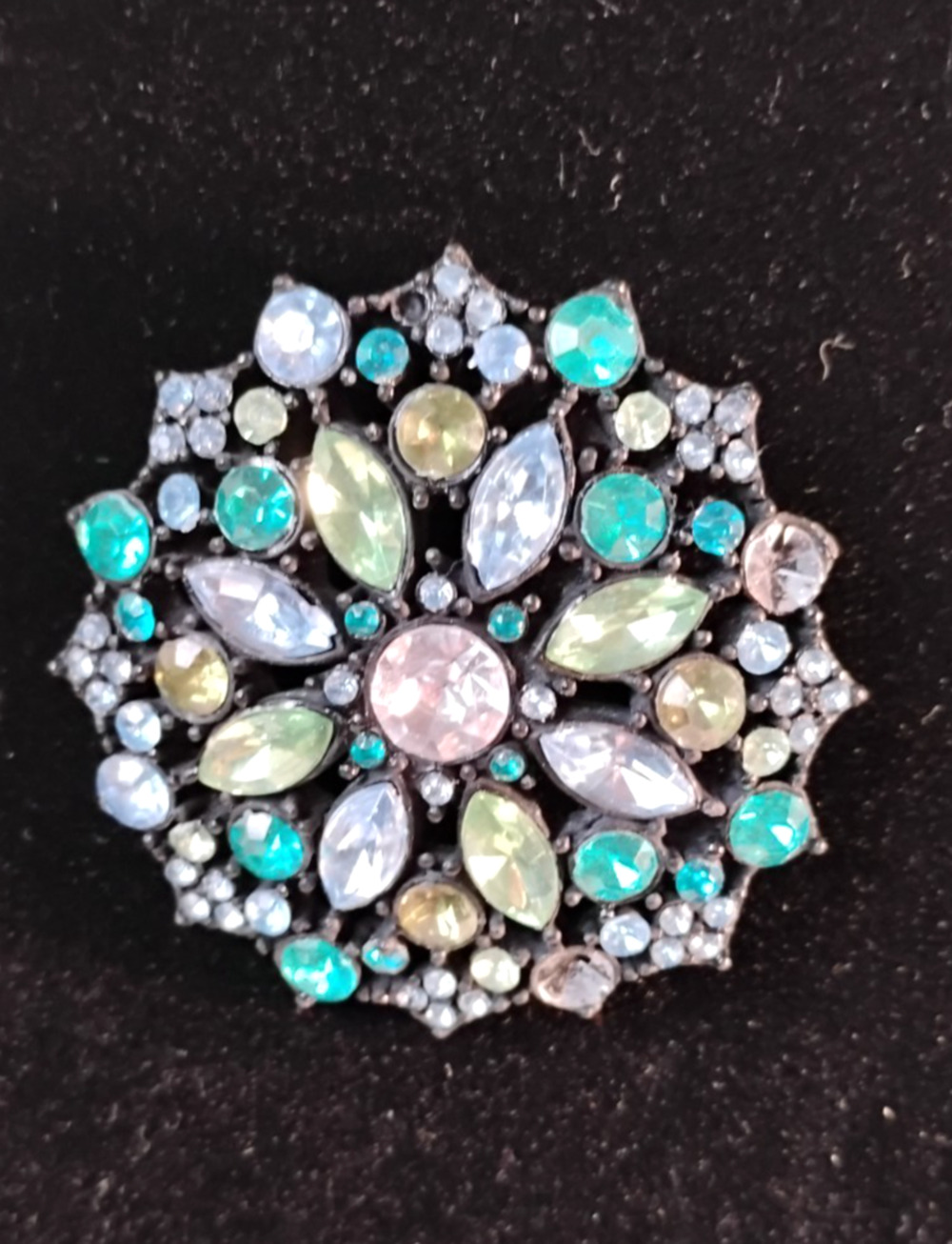 Blue Green Rhinestone Brooch Pin Cluster Statement Round Black Metal